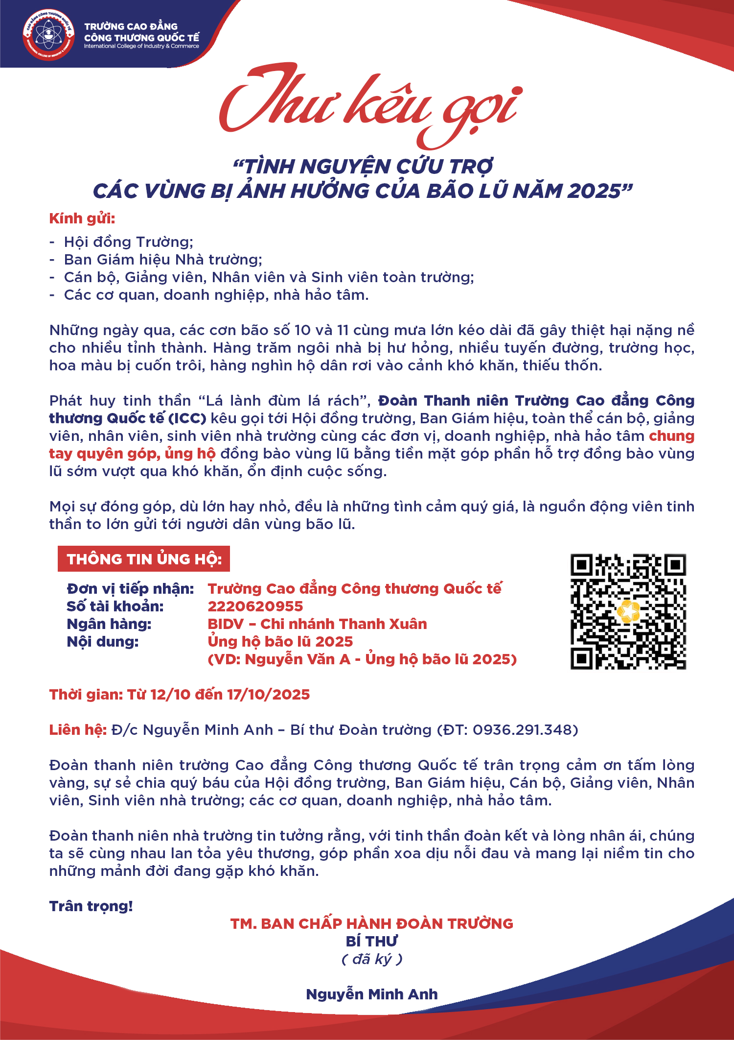 Thư kêu gọi tình nguyện cứu trợ các vùng bị ảnh hưởng của bão lũ năm 2025. Thư kêu gọi tình nguyện cứu trợ các vùng bị ảnh hưởng của bão lũ năm 2025.
