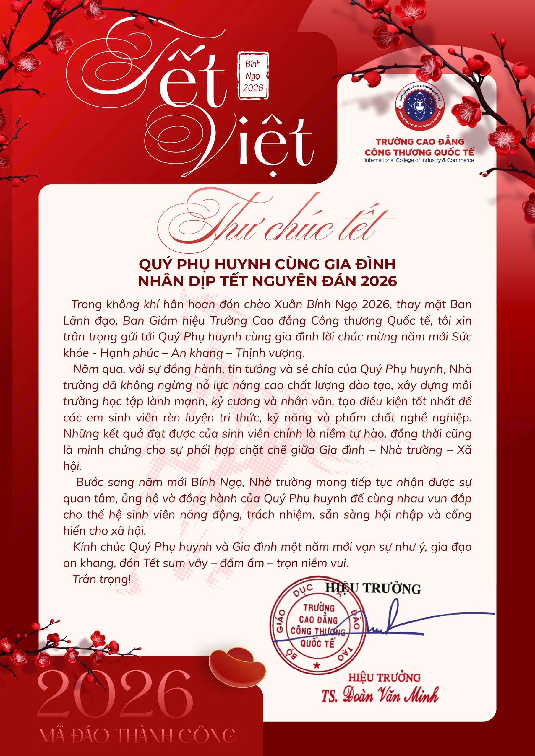 Thư chúc Tết từ thầy Hiệu trưởng trường Cao đẳng Công thương Quốc tế - ICC